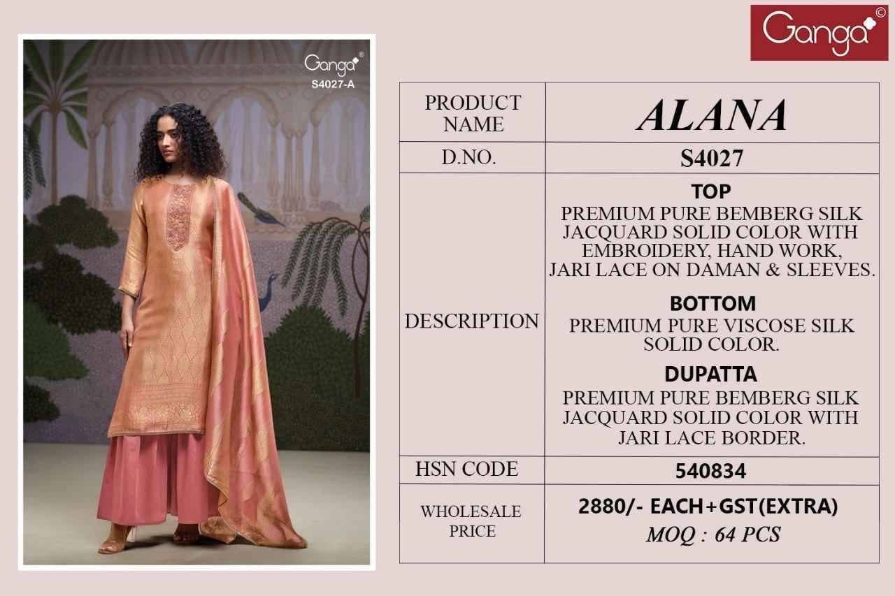 Alana-4027 By Ganga Fashion 4027-A To 4027-B Series Beautiful Festive Suits Stylish Colorful Fancy Casual Wear & Ethnic Wear Premium Bemberg Silk Jacquard Print Dresses At Wholesale Price