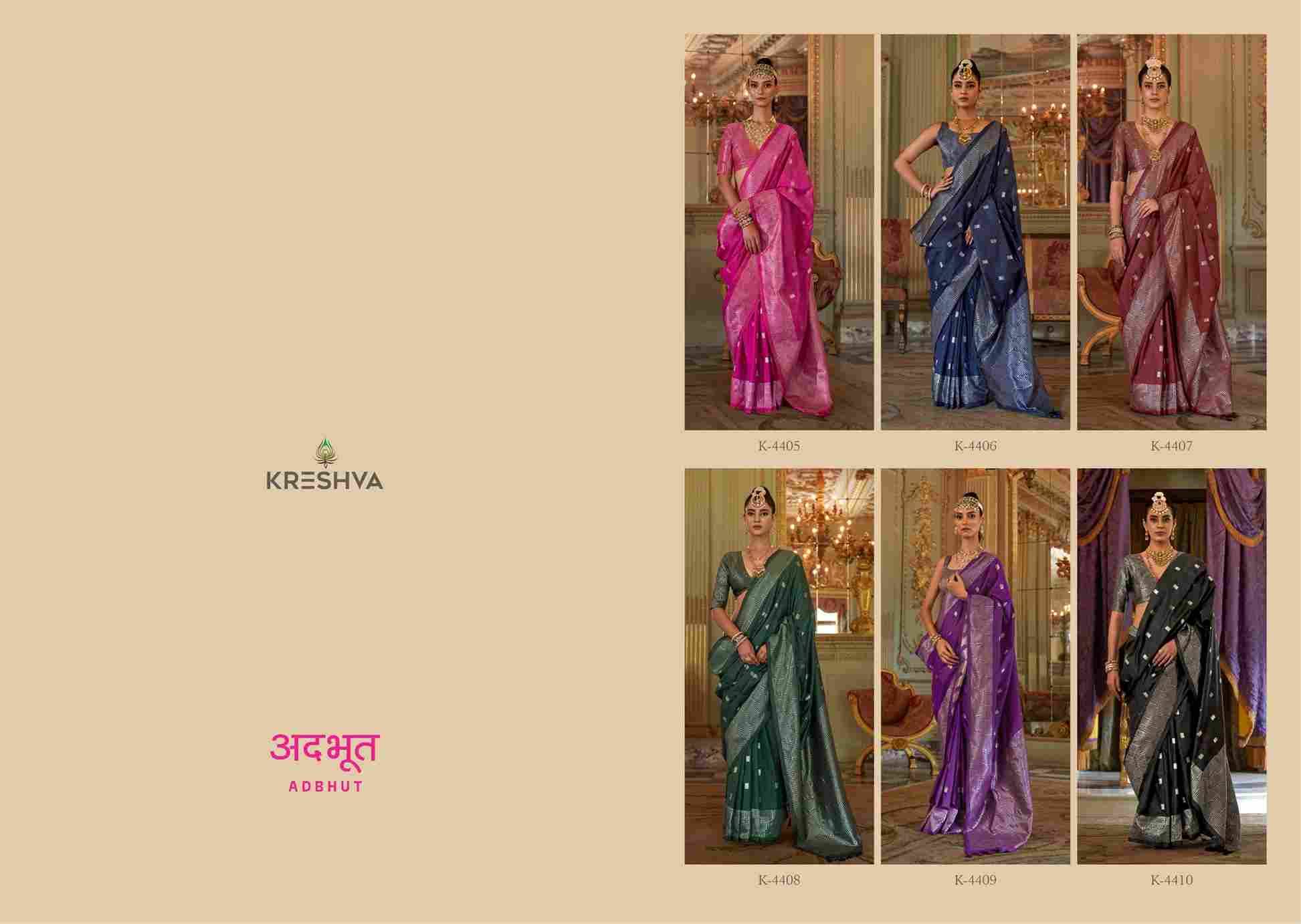 Adbhut By Kreshva 4405 To 4410 Series Indian Traditional Wear Collection Beautiful Stylish Fancy Colorful Party Wear & Occasional Wear Soft Silk Sarees At Wholesale Price
