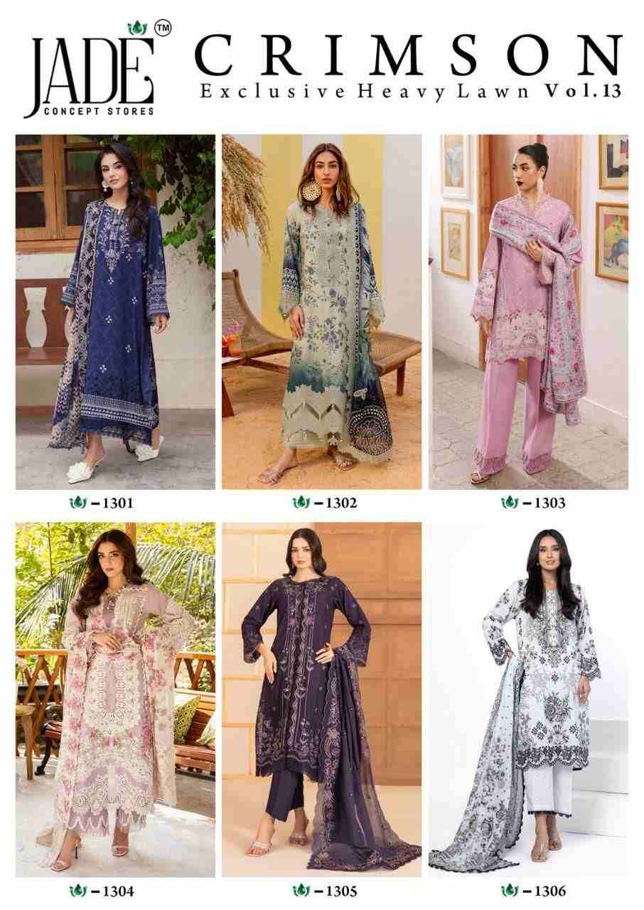 Crimson Exclusive Collection Vol-13 By Jade 1301 To 1306 Series Beautiful Suits Stylish Colorful Fancy Casual Wear & Ethnic Wear Pure Heavy Lawn Print Dresses At Wholesale Price