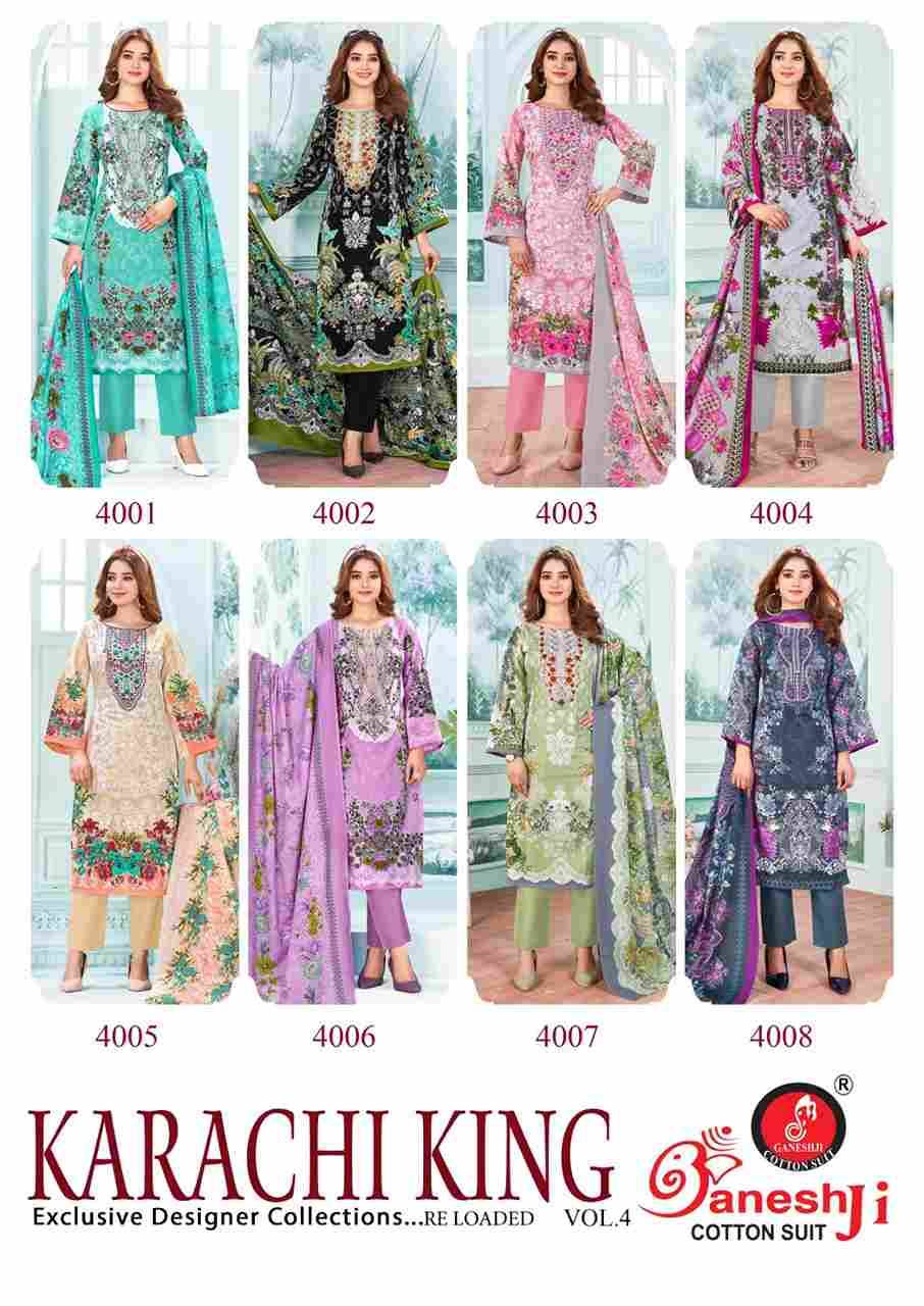 Karachi King Vol-4 By Ganeshji 4001 To 4008 Series Beautiful Festive Suits Stylish Fancy Colorful Party Wear & Occasional Wear Pure Cotton Dresses At Wholesale Price