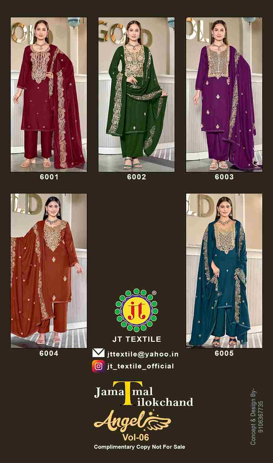 Angel Vol-6 By JT 6001 To 6005 Series Beautiful Festive Suits Colorful Stylish Fancy Casual Wear & Ethnic Wear Rayon Dresses At Wholesale Price