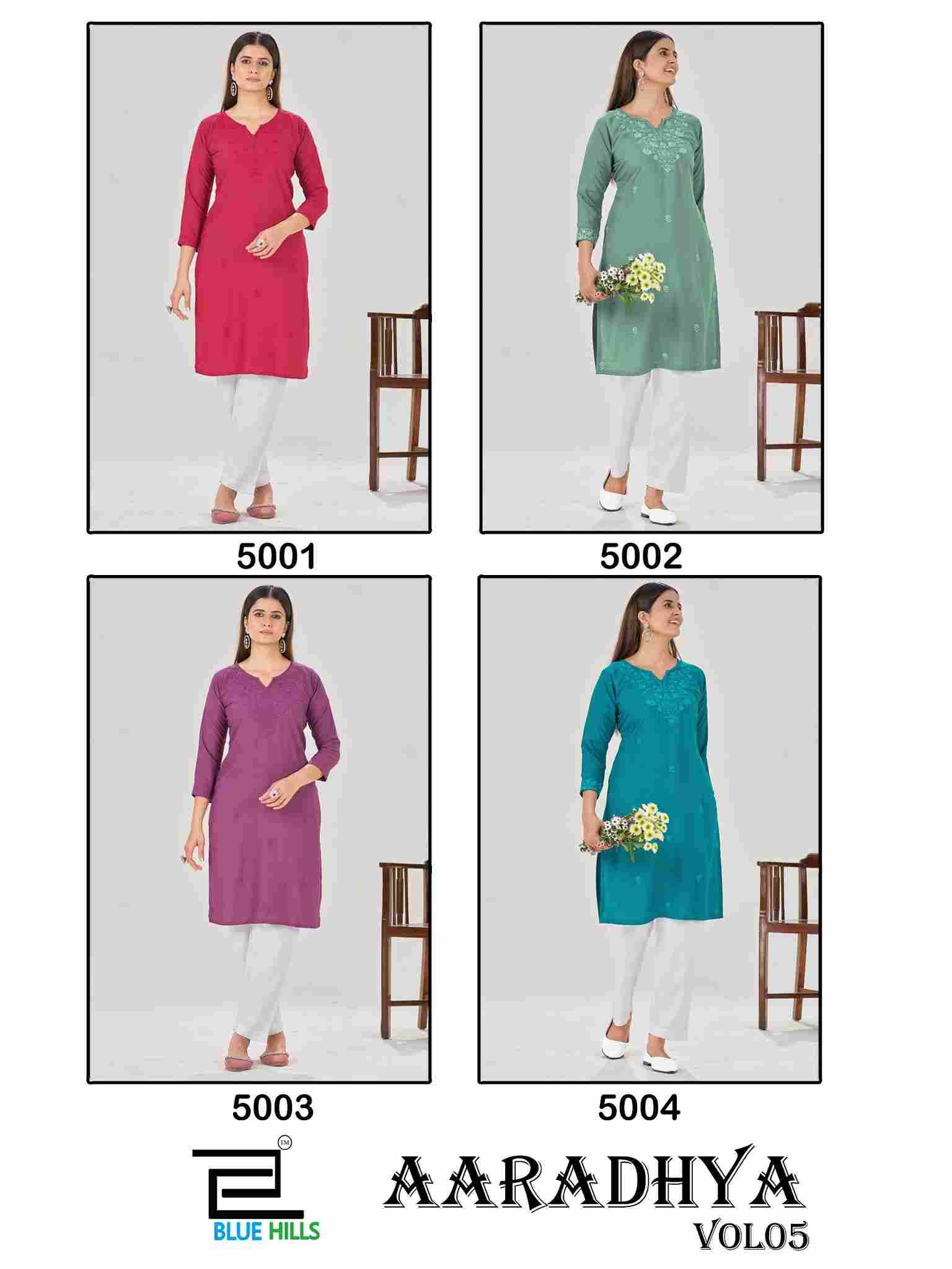 Aaradhya Vol-5 By Blue Hills 5001 To 5004 Series Designer Stylish Fancy Colorful Beautiful Party Wear & Ethnic Wear Collection Rayon With Work Kurtis At Wholesale Price