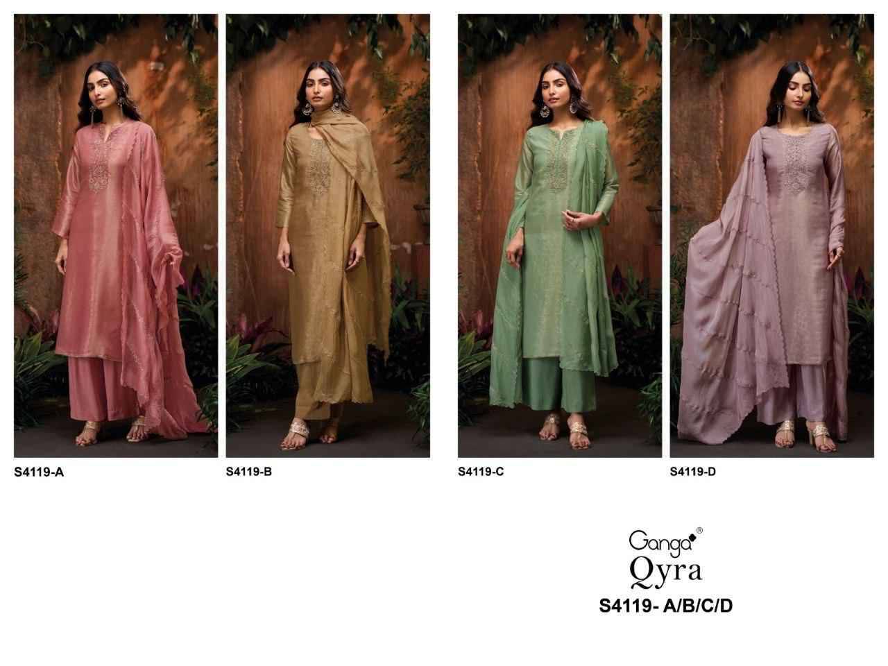 Qyra-4119 By Ganga Fashion 4119-A To 4119-D Series Beautiful Festive Suits Stylish Colorful Fancy Casual Wear & Ethnic Wear Premium Bemberg Silk Jacquard Print Dresses At Wholesale Price