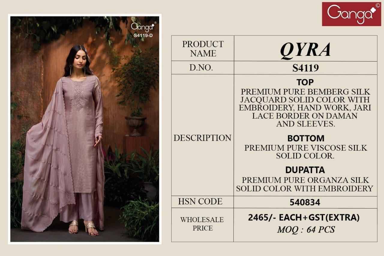 Qyra-4119 By Ganga Fashion 4119-A To 4119-D Series Beautiful Festive Suits Stylish Colorful Fancy Casual Wear & Ethnic Wear Premium Bemberg Silk Jacquard Print Dresses At Wholesale Price