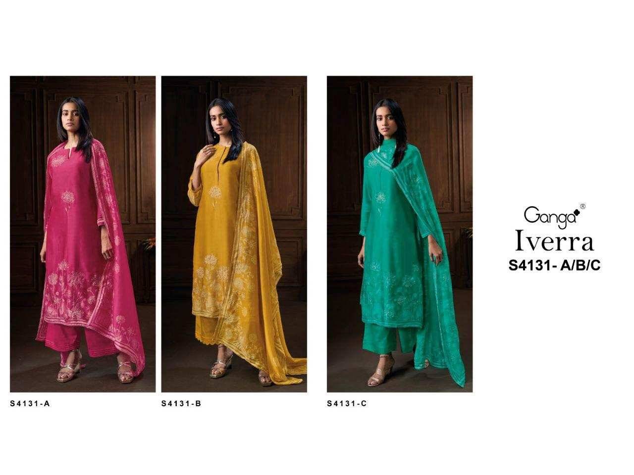 Iverra-4131 By Ganga Fashion 4131-A To 4131-C Series Beautiful Festive Suits Stylish Colorful Fancy Casual Wear & Ethnic Wear Premium Bemberg Silk Jacquard Print Dresses At Wholesale Price