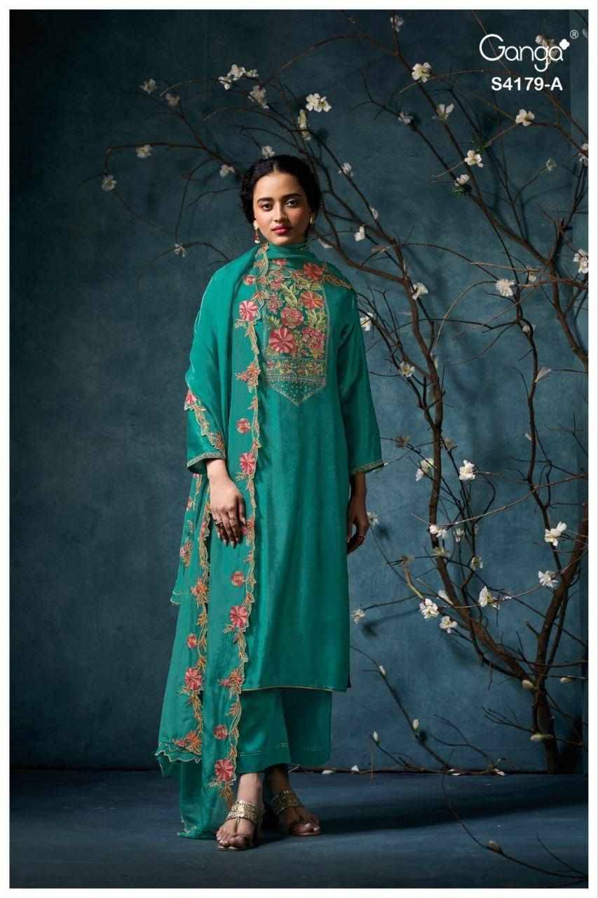 Liselle-4179 By Ganga Fashion 4179-A To 4179-D Series Beautiful Festive Suits Stylish Colorful Fancy Casual Wear & Ethnic Wear Premium Pure Bemberg Russian Silk Dresses At Wholesale Price