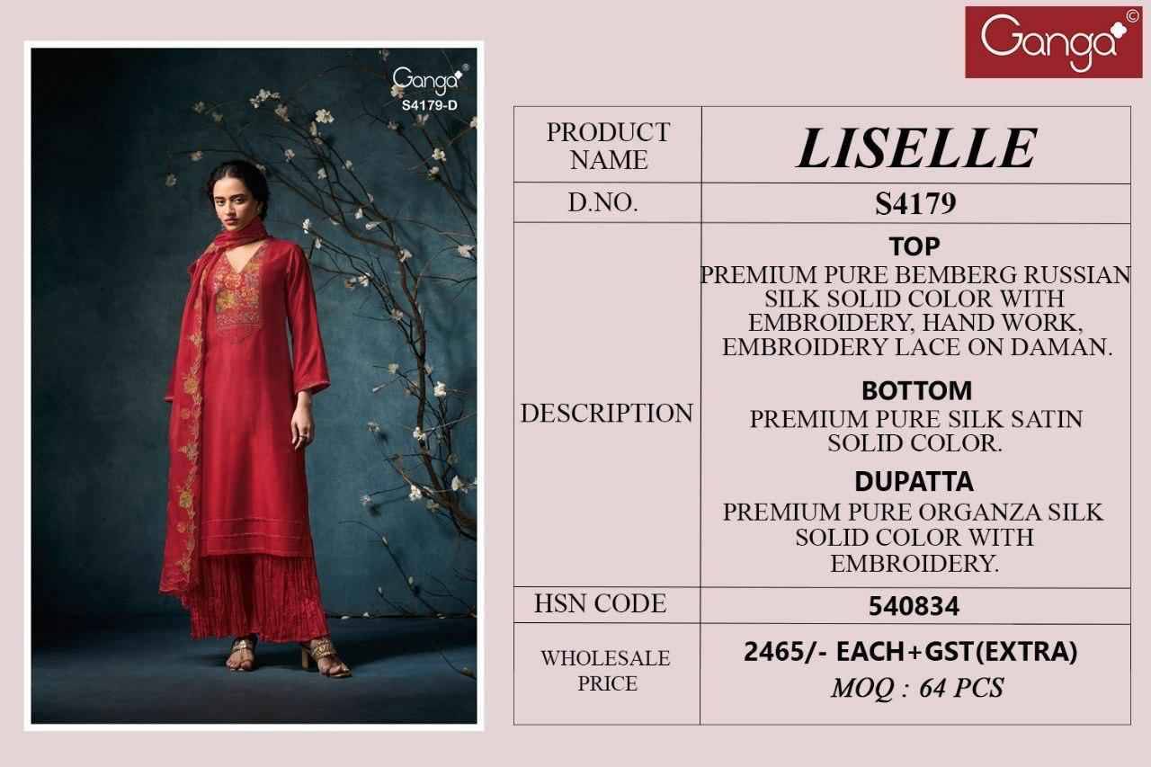 Liselle-4179 By Ganga Fashion 4179-A To 4179-D Series Beautiful Festive Suits Stylish Colorful Fancy Casual Wear & Ethnic Wear Premium Pure Bemberg Russian Silk Dresses At Wholesale Price