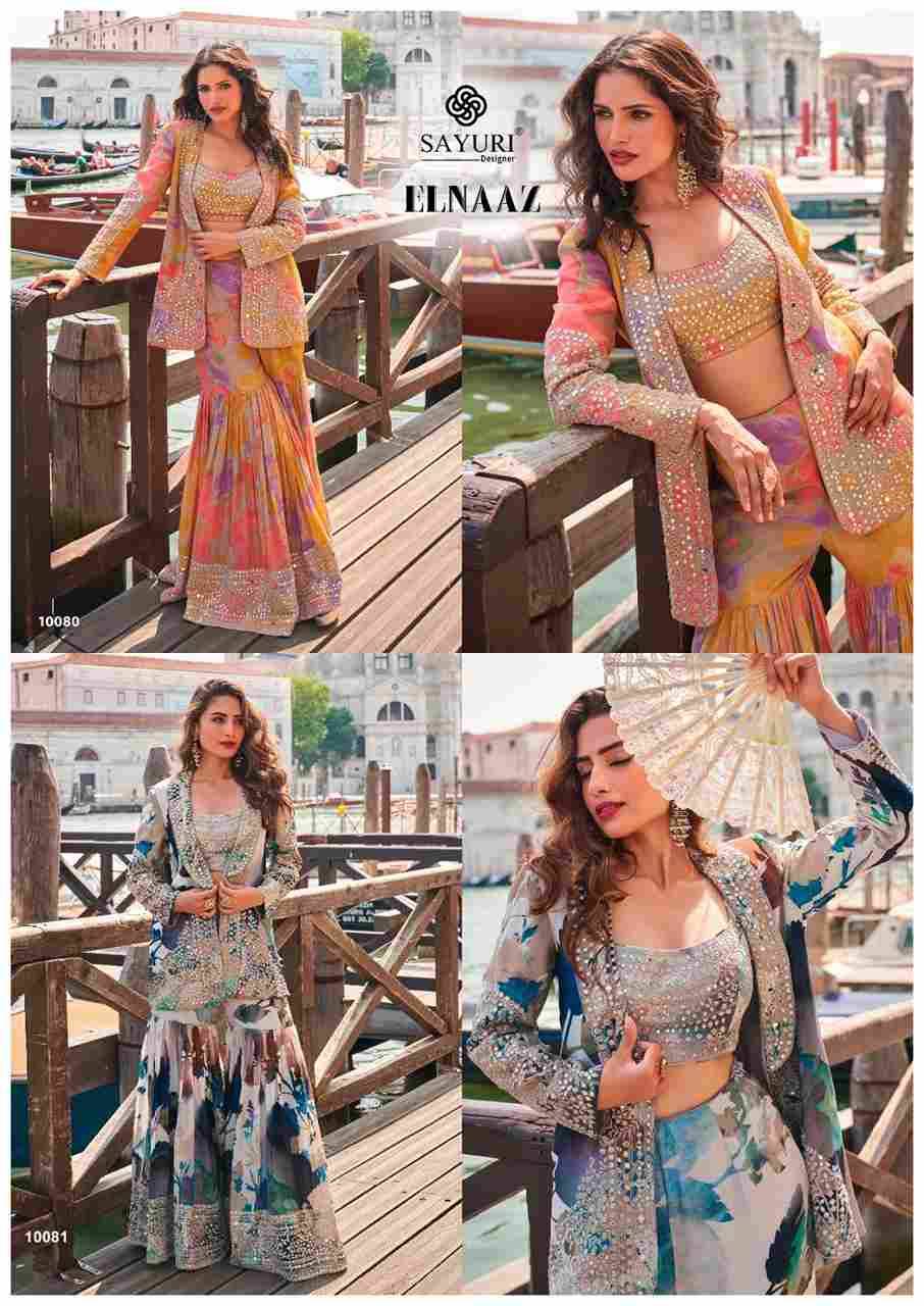 Elnaaz By Sayuri 10080 To 10081 Series Designer Stylish Fancy Colorful Beautiful Party Wear & Ethnic Wear Collection Chinnon Silk Tops With Bottom And Jacket At Wholesale Price