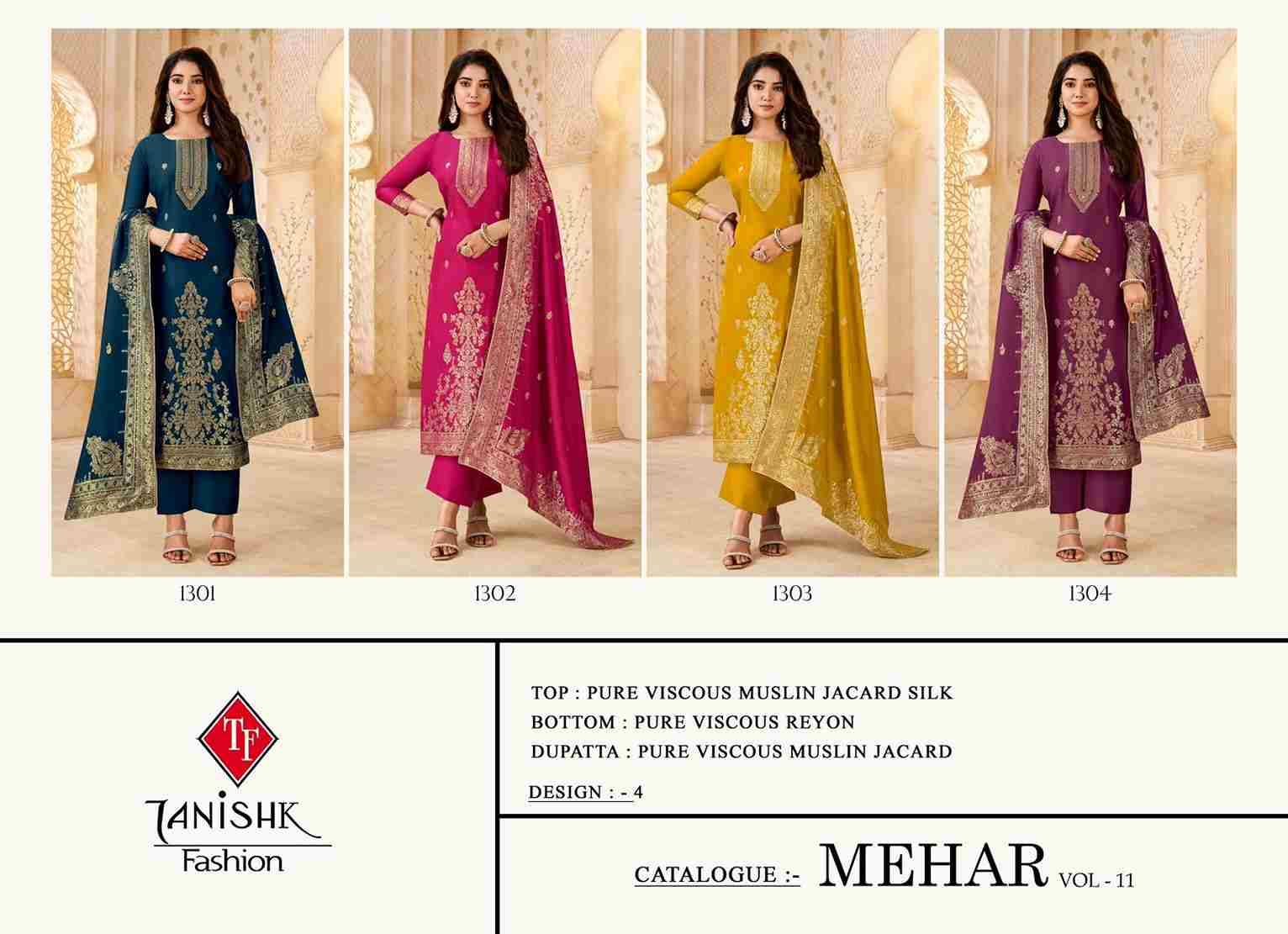 Mehar Vol-11 By Tanishk Fashion 1301 To 1304 Series Beautiful Stylish Festive Suits Fancy Colorful Casual Wear & Ethnic Wear & Ready To Wear Pure Viscose Muslin Jacquard Silk Dresses At Wholesale Price