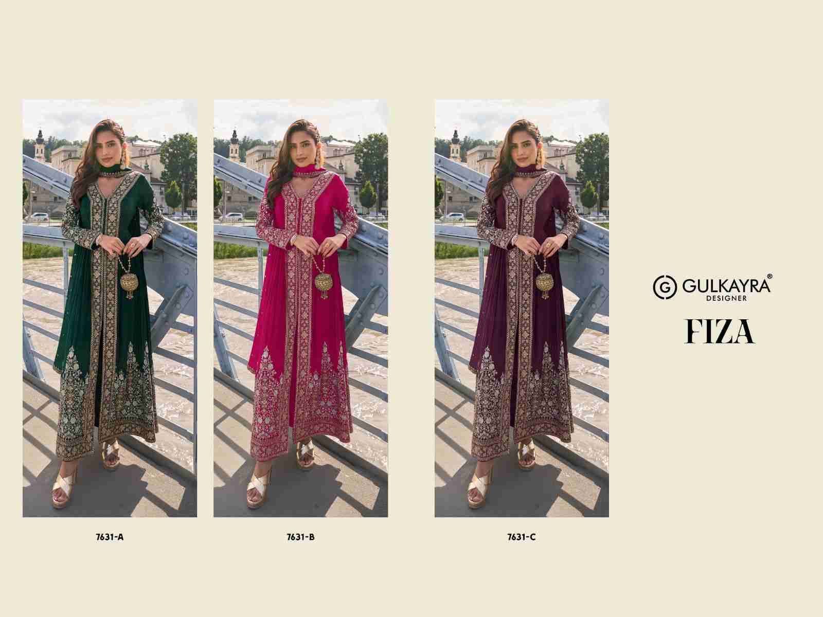 Fiza By Gulkayra Designer 7631-A To 7631-C Series Beautiful Festive Suits Colorful Stylish Fancy Casual Wear & Ethnic Wear Chinnon Dresses At Wholesale Price