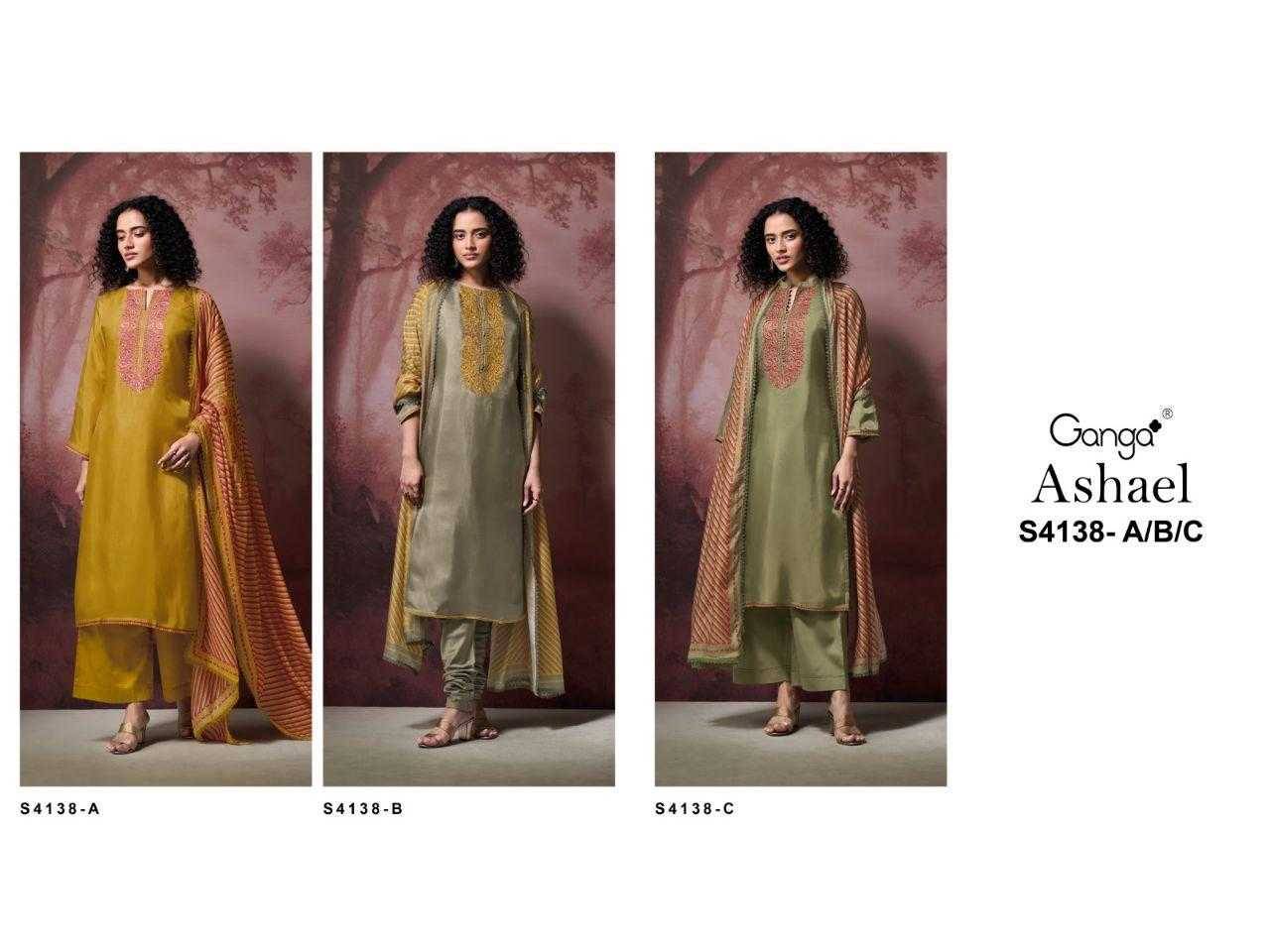 Ashael-4138 By Ganga Fashion 4138-A To 4138-C Series Beautiful Festive Suits Stylish Colorful Fancy Casual Wear & Ethnic Wear Premium Bemberg Print Dresses At Wholesale Price