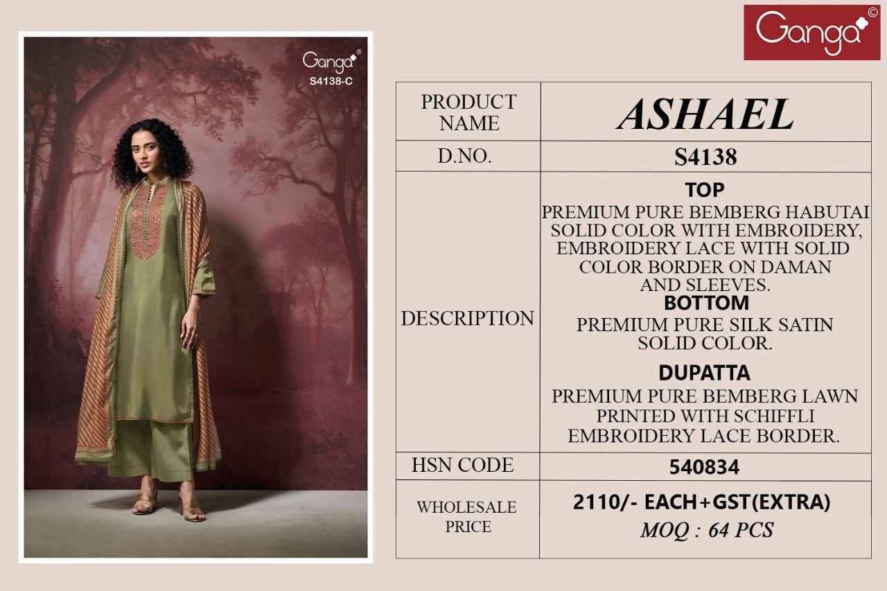Ashael-4138 By Ganga Fashion 4138-A To 4138-C Series Beautiful Festive Suits Stylish Colorful Fancy Casual Wear & Ethnic Wear Premium Bemberg Print Dresses At Wholesale Price