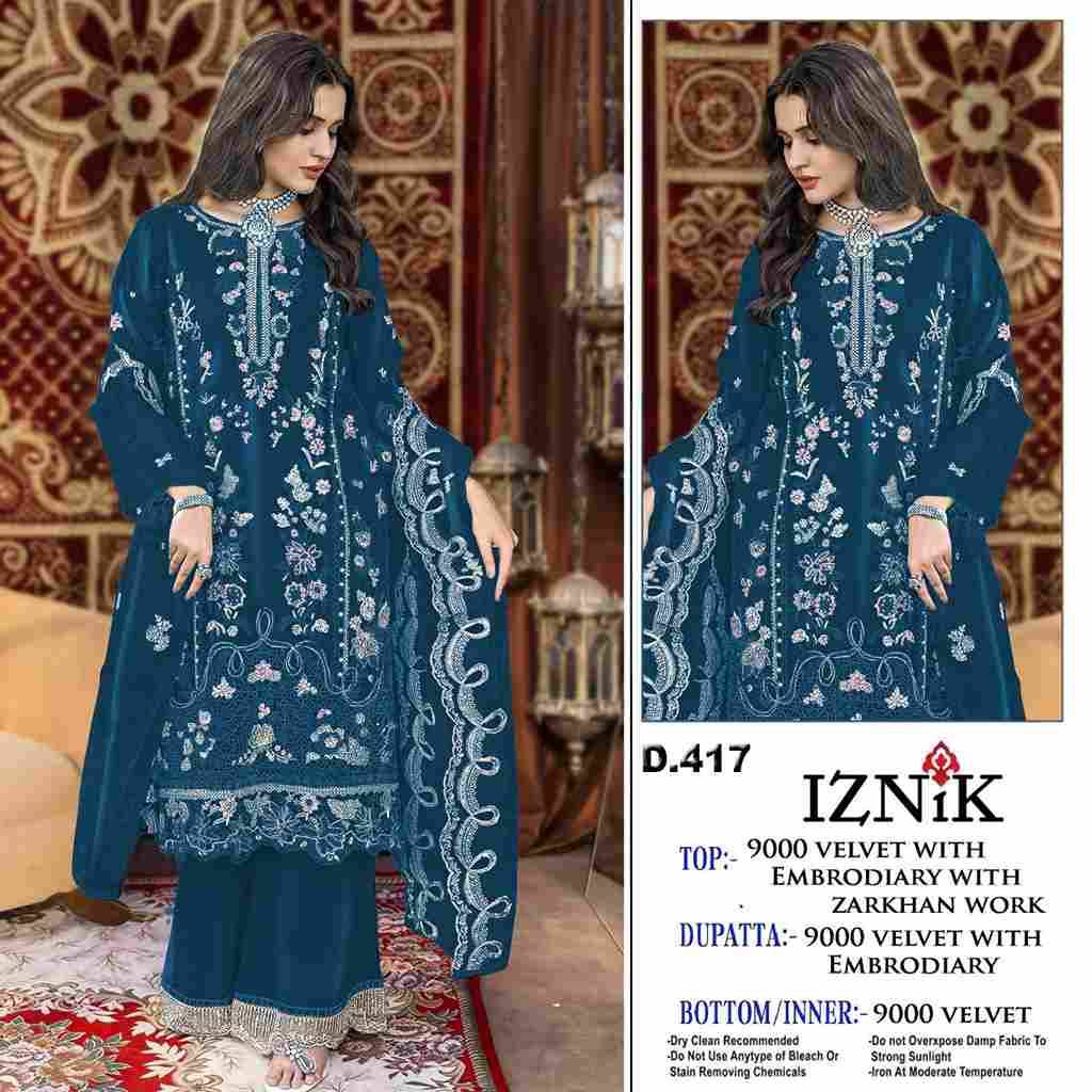 Iznik 417 Colours By Iznik Fab 417-A To 417-D Series Designer Pakistani Suits Beautiful Stylish Fancy Colorful Party Wear & Occasional Wear Velvet With Embroidery Dresses At Wholesale Price