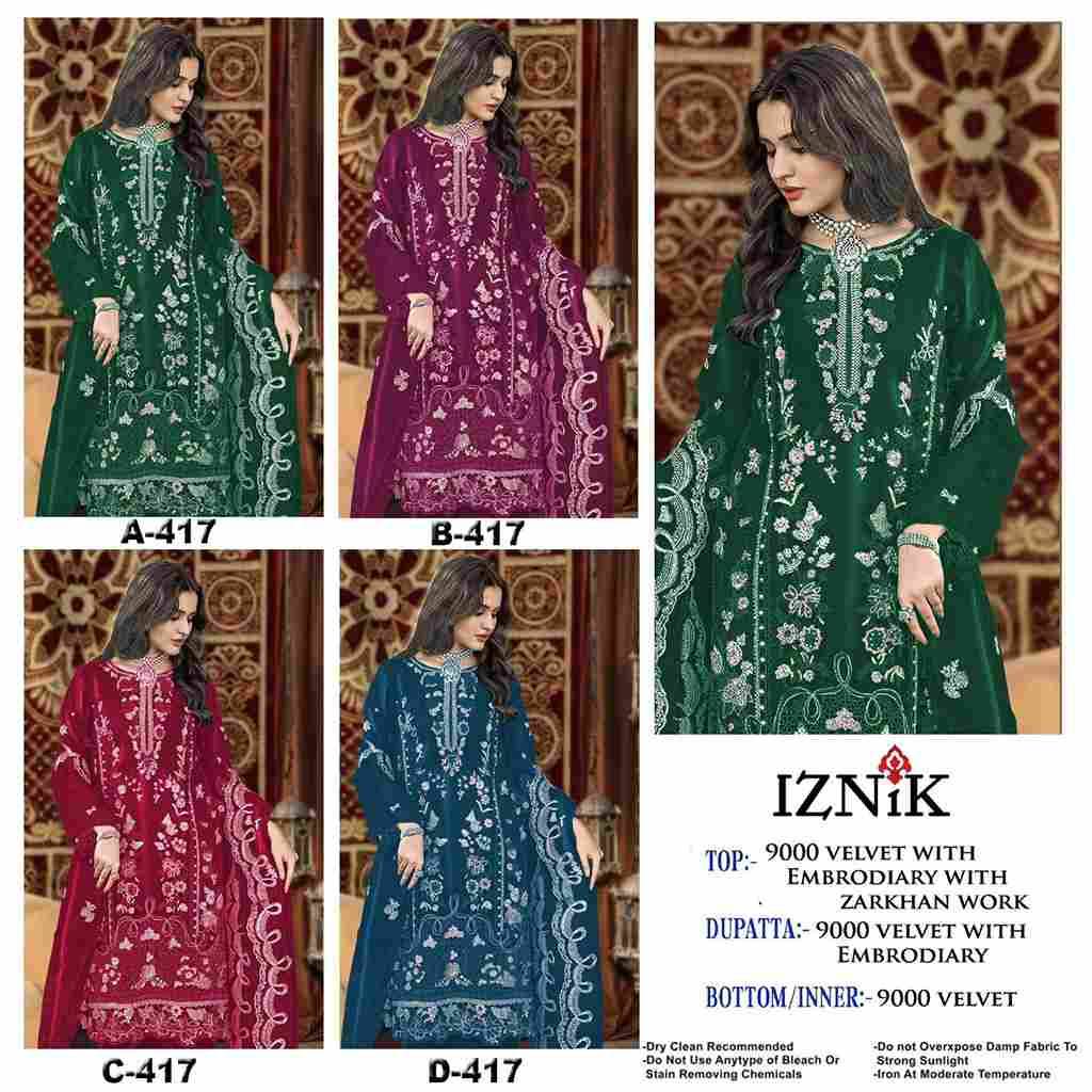 Iznik 417 Colours By Iznik Fab 417-A To 417-D Series Designer Pakistani Suits Beautiful Stylish Fancy Colorful Party Wear & Occasional Wear Velvet With Embroidery Dresses At Wholesale Price