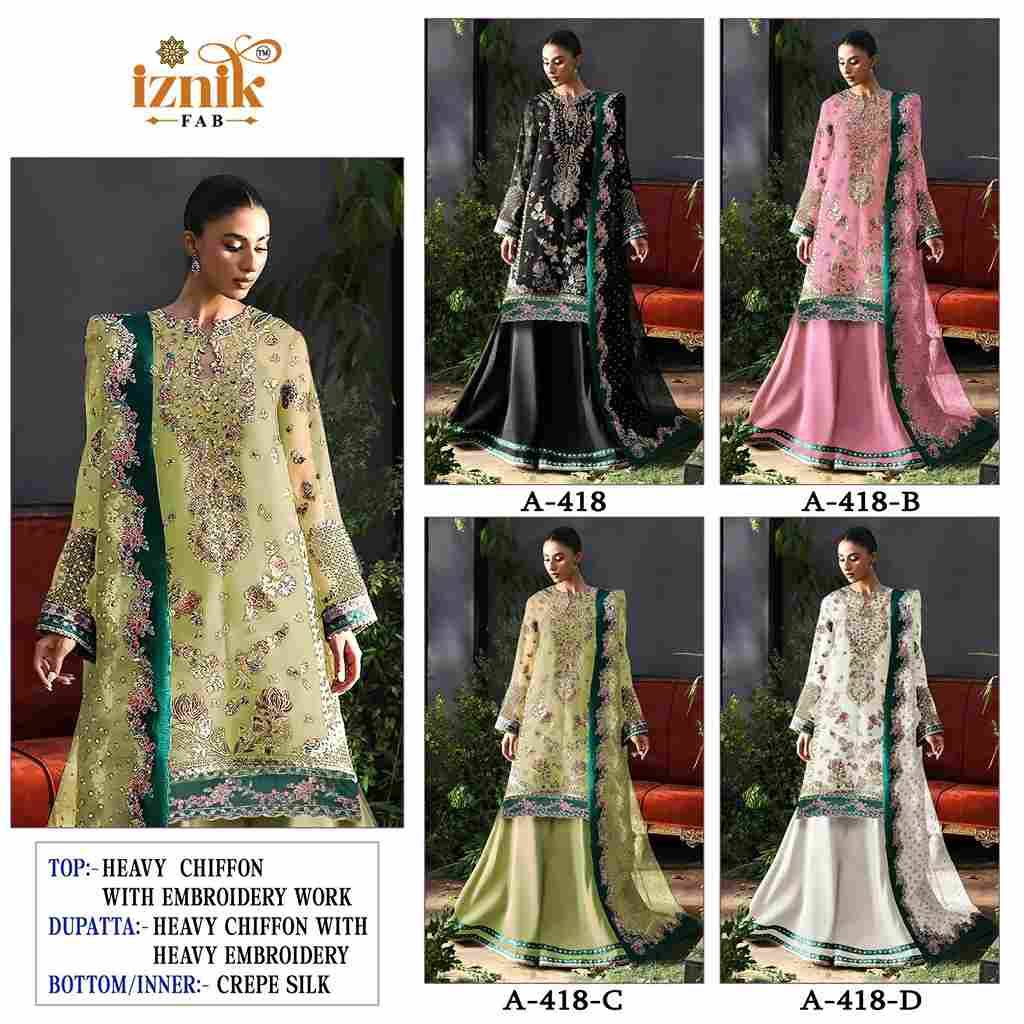 Iznik 418 Colours By Iznik Fab 418-A To 418-D Series Designer Pakistani Suits Beautiful Stylish Fancy Colorful Party Wear & Occasional Wear Chiffon With Embroidery Dresses At Wholesale Price