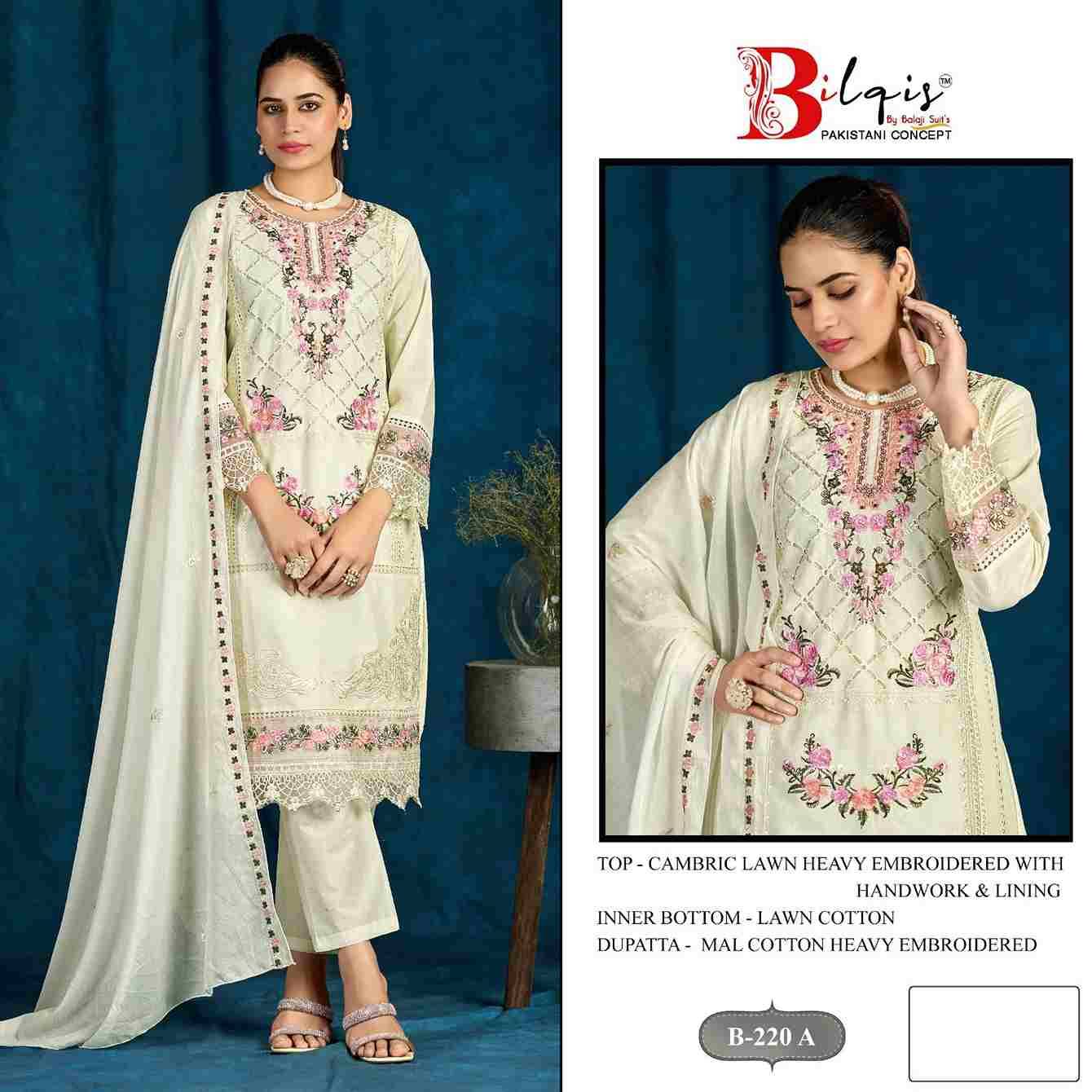 Bilqis 220 Colours By Bilqis 220-A To 220-D Series Beautiful Pakistani Suits Stylish Fancy Colorful Party Wear & Occasional Wear Cambric Lawn Embroidery Dresses At Wholesale Price