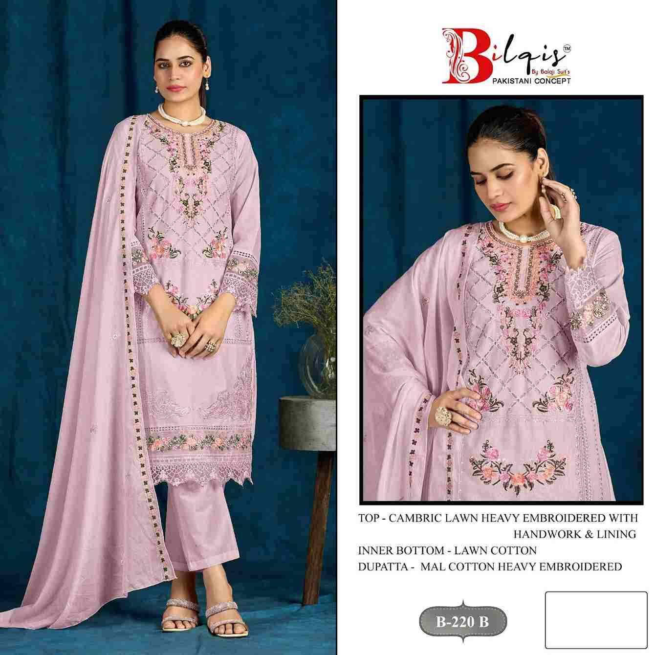 Bilqis 220 Colours By Bilqis 220-A To 220-D Series Beautiful Pakistani Suits Stylish Fancy Colorful Party Wear & Occasional Wear Cambric Lawn Embroidery Dresses At Wholesale Price