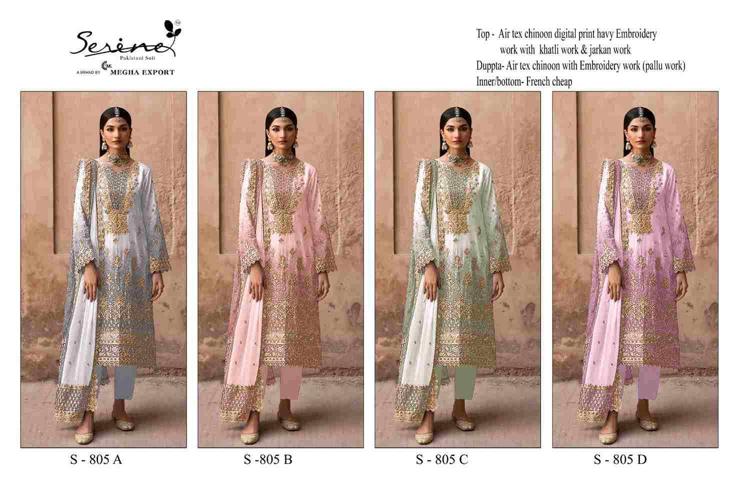 Serene Hit Design S-805 Colours By Serene S-805-A To S-805-D Series Pakistani Suits Beautiful Fancy Colorful Stylish Party Wear & Occasional Wear Chinnon Embroidery Dresses At Wholesale Price