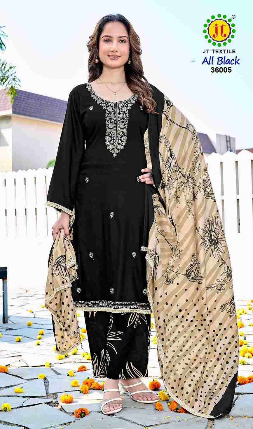 All Black Vol-36 By JT 36001 To 36005 Series Beautiful Festive Suits Colorful Stylish Fancy Casual Wear & Ethnic Wear Rayon Dresses At Wholesale Price