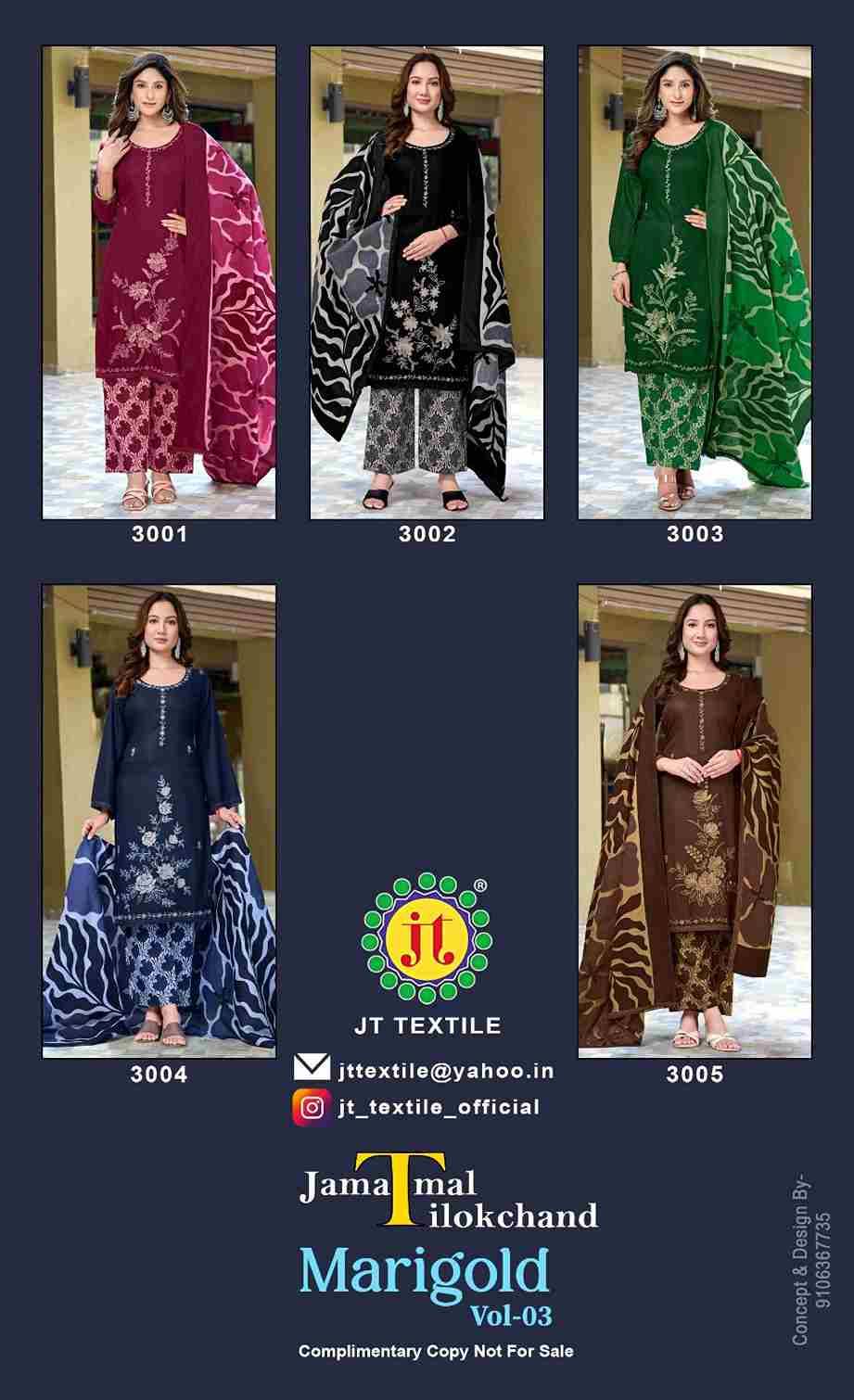 Marigold Vol-3 By JT 3001 To 3005 Series Beautiful Festive Suits Colorful Stylish Fancy Casual Wear & Ethnic Wear Rayon Dresses At Wholesale Price