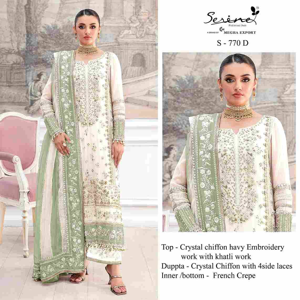 Serene Hit Design S-770 Colours By Serene S-770-A To S-770-D Series Pakistani Suits Beautiful Fancy Colorful Stylish Party Wear & Occasional Wear Chiffon Embroidery Dresses At Wholesale Price