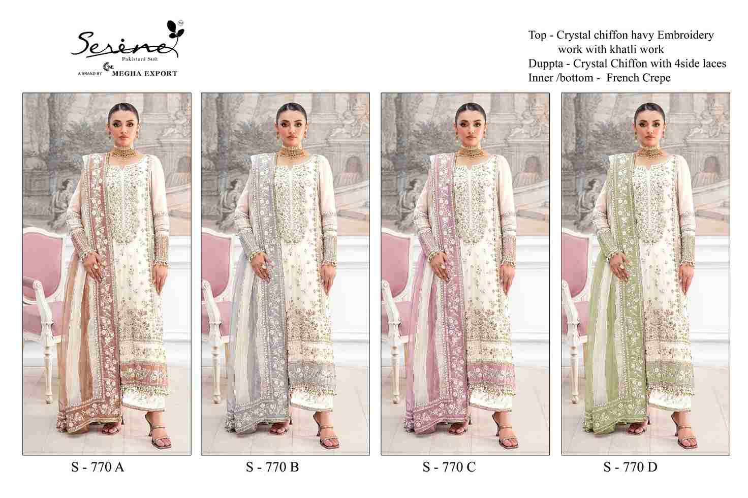 Serene Hit Design S-770 Colours By Serene S-770-A To S-770-D Series Pakistani Suits Beautiful Fancy Colorful Stylish Party Wear & Occasional Wear Chiffon Embroidery Dresses At Wholesale Price