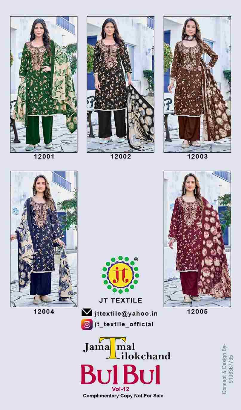 Bulbul Vol-12 By JT 12001 To 12005 Series Beautiful Festive Suits Colorful Stylish Fancy Casual Wear & Ethnic Wear Rayon Dresses At Wholesale Price