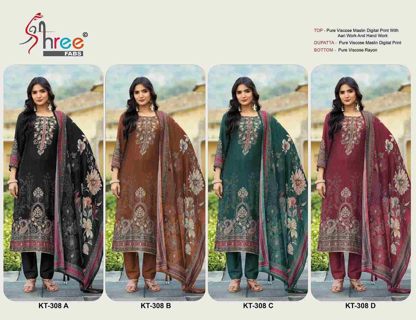 Shree Fabs Hit Design Kt-308 Colours By Shree Fabs KT-308-A To KT-308-D Series Designer Pakistani Suits Beautiful Fancy Stylish Colorful Party Wear & Occasional Wear Pure Viscose Muslin Embroidery Dresses At Wholesale Price