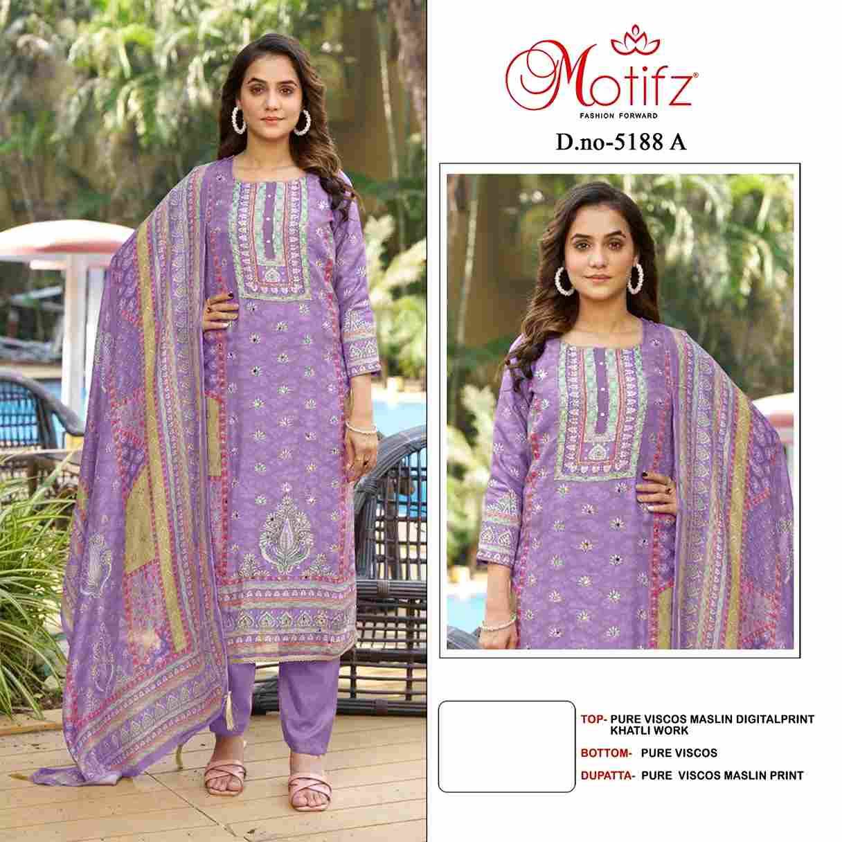 Motifz Hit Design 5188 Colours By Motifz 5188-A To 5188-D Series Beautiful Pakistani Suits Colorful Stylish Fancy Casual Wear & Ethnic Wear Viscose Muslin Dresses At Wholesale Price
