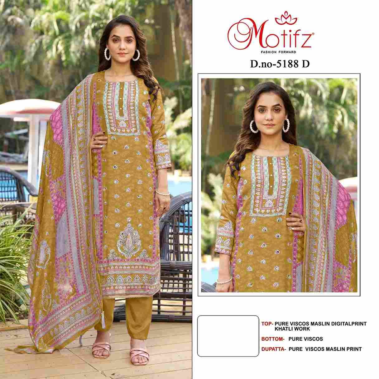 Motifz Hit Design 5188 Colours By Motifz 5188-A To 5188-D Series Beautiful Pakistani Suits Colorful Stylish Fancy Casual Wear & Ethnic Wear Viscose Muslin Dresses At Wholesale Price