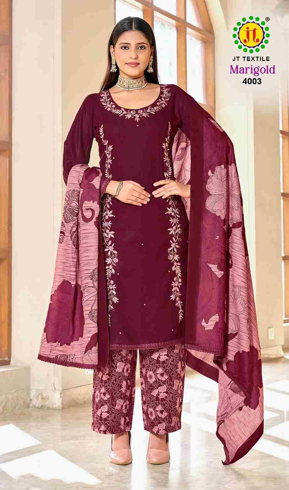 Marigold Vol-4 By JT 4001 To 4005 Series Beautiful Festive Suits Colorful Stylish Fancy Casual Wear & Ethnic Wear Rayon Dresses At Wholesale Price