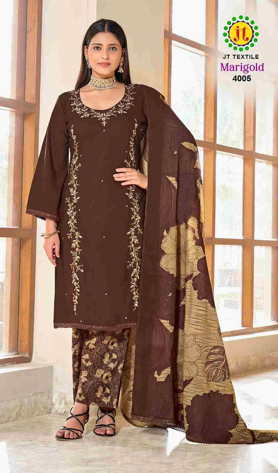 Marigold Vol-4 By JT 4001 To 4005 Series Beautiful Festive Suits Colorful Stylish Fancy Casual Wear & Ethnic Wear Rayon Dresses At Wholesale Price