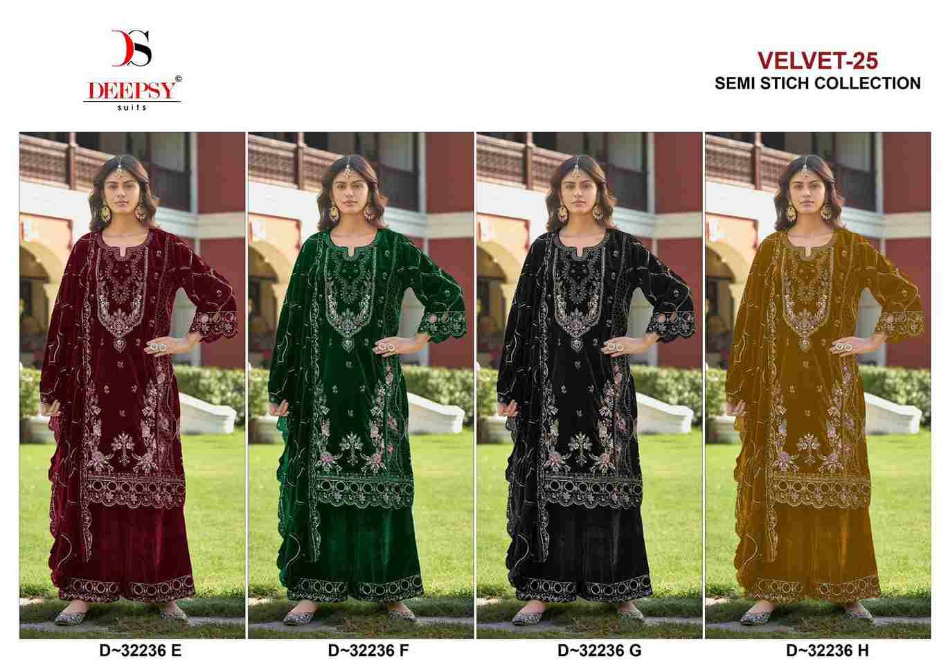 Velvet 32236 Colours Vol-2 By Deepsy Suits 32236-E To 32236-H Series Beautiful Stylish Pakistani Suits Fancy Colorful Casual Wear & Ethnic Wear & Ready To Wear Heavy Velvet Embroidery Dresses At Wholesale Price