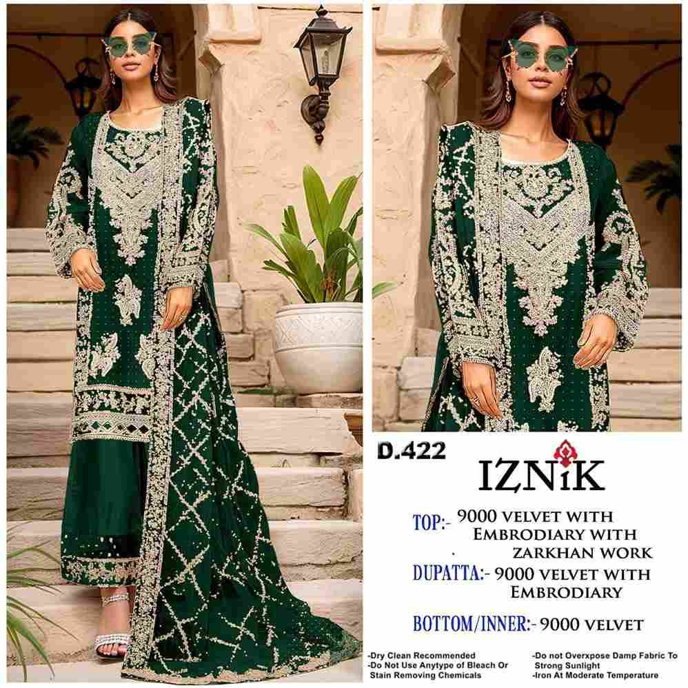 Iznik 422 Colours Vol-2 By Iznik Fab 422-E To 422-H Series Designer Pakistani Suits Beautiful Stylish Fancy Colorful Party Wear & Occasional Wear Velvet With Embroidery Dresses At Wholesale Price