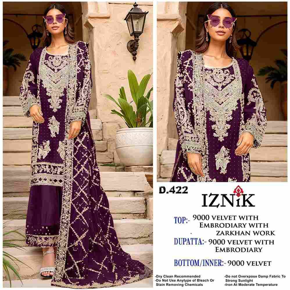 Iznik 422 Colours Vol-2 By Iznik Fab 422-E To 422-H Series Designer Pakistani Suits Beautiful Stylish Fancy Colorful Party Wear & Occasional Wear Velvet With Embroidery Dresses At Wholesale Price
