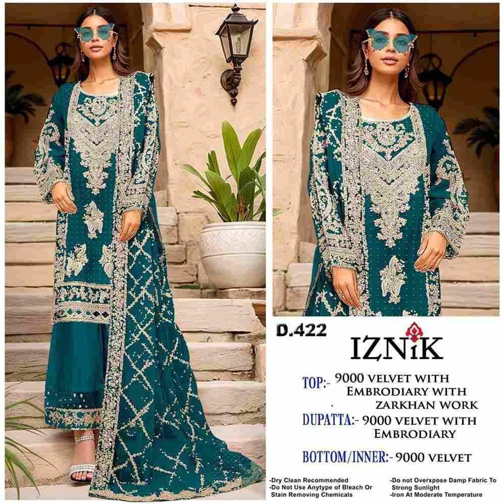 Iznik 422 Colours Vol-2 By Iznik Fab 422-E To 422-H Series Designer Pakistani Suits Beautiful Stylish Fancy Colorful Party Wear & Occasional Wear Velvet With Embroidery Dresses At Wholesale Price