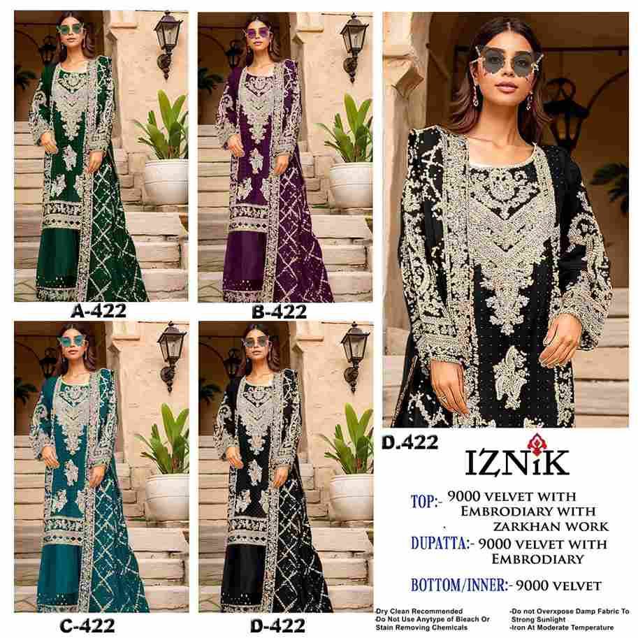 Iznik 422 Colours Vol-2 By Iznik Fab 422-E To 422-H Series Designer Pakistani Suits Beautiful Stylish Fancy Colorful Party Wear & Occasional Wear Velvet With Embroidery Dresses At Wholesale Price