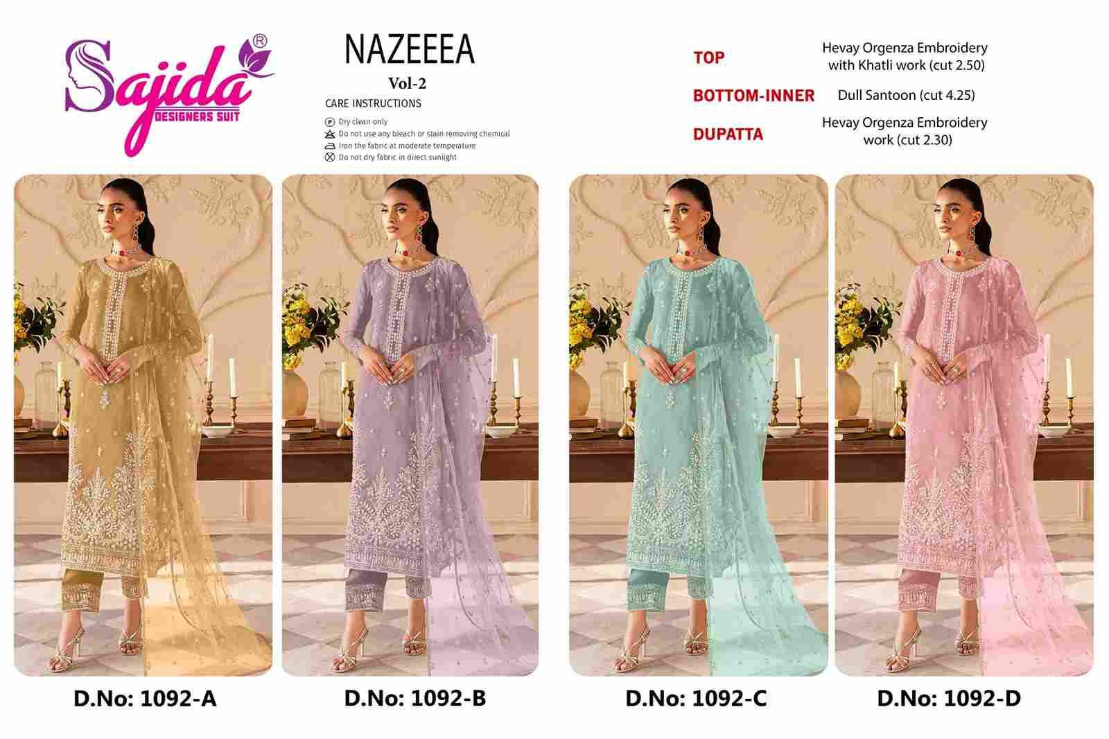 Nazeeza Vol-2 By Sajida Designer Suit 1092-A To 1092-D Series Beautiful Pakistani Suits Colorful Stylish Fancy Casual Wear & Ethnic Wear Heavy Organza Embroidered Dresses At Wholesale Price