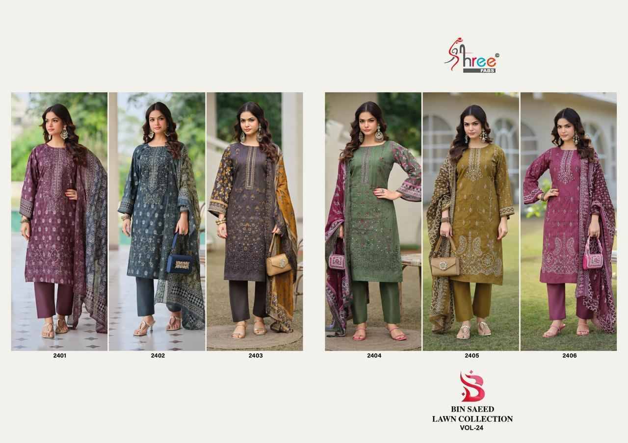 Bin Saeed Lawn Collection Vol-24 By Shree Fabs 2401 To 2406 Series Beautiful Pakistani Suits Colorful Stylish Fancy Casual Wear & Ethnic Wear Pure Lawn Cotton With Embroidered Dresses At Wholesale Price