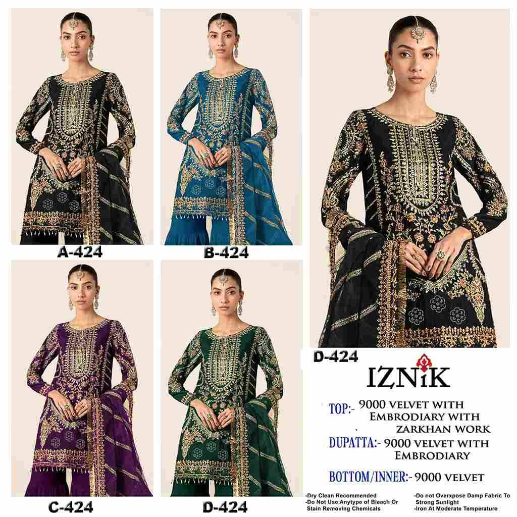 Iznik 424 Colours By Iznik Fab 424-A To 424-D Series Designer Pakistani Suits Beautiful Stylish Fancy Colorful Party Wear & Occasional Wear Velvet With Embroidery Dresses At Wholesale Price