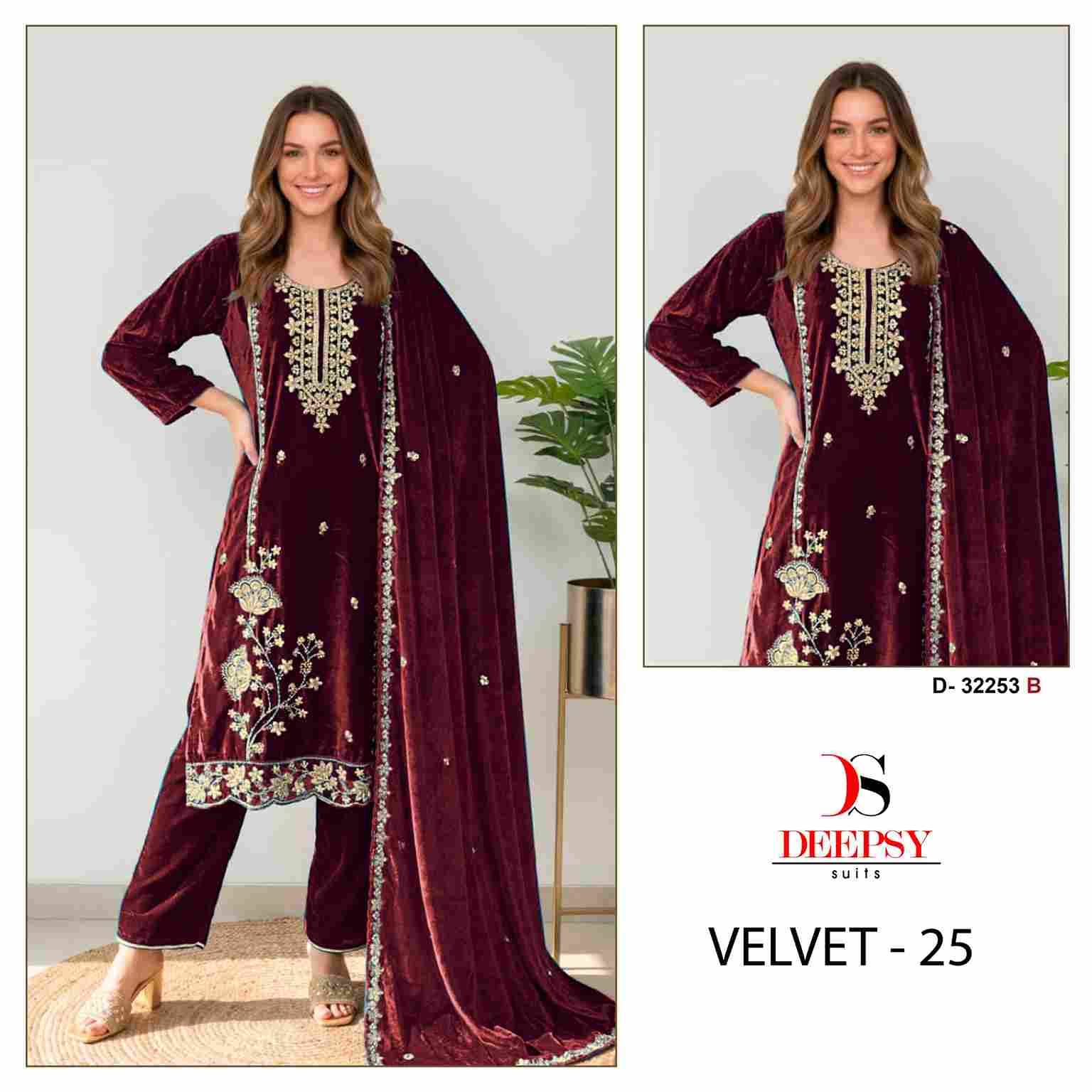 Velvet 32253 Colours By Deepsy Suits 32253-A To 32253-D Series Beautiful Stylish Pakistani Suits Fancy Colorful Casual Wear & Ethnic Wear & Ready To Wear Heavy Velvet Embroidery Dresses At Wholesale Price