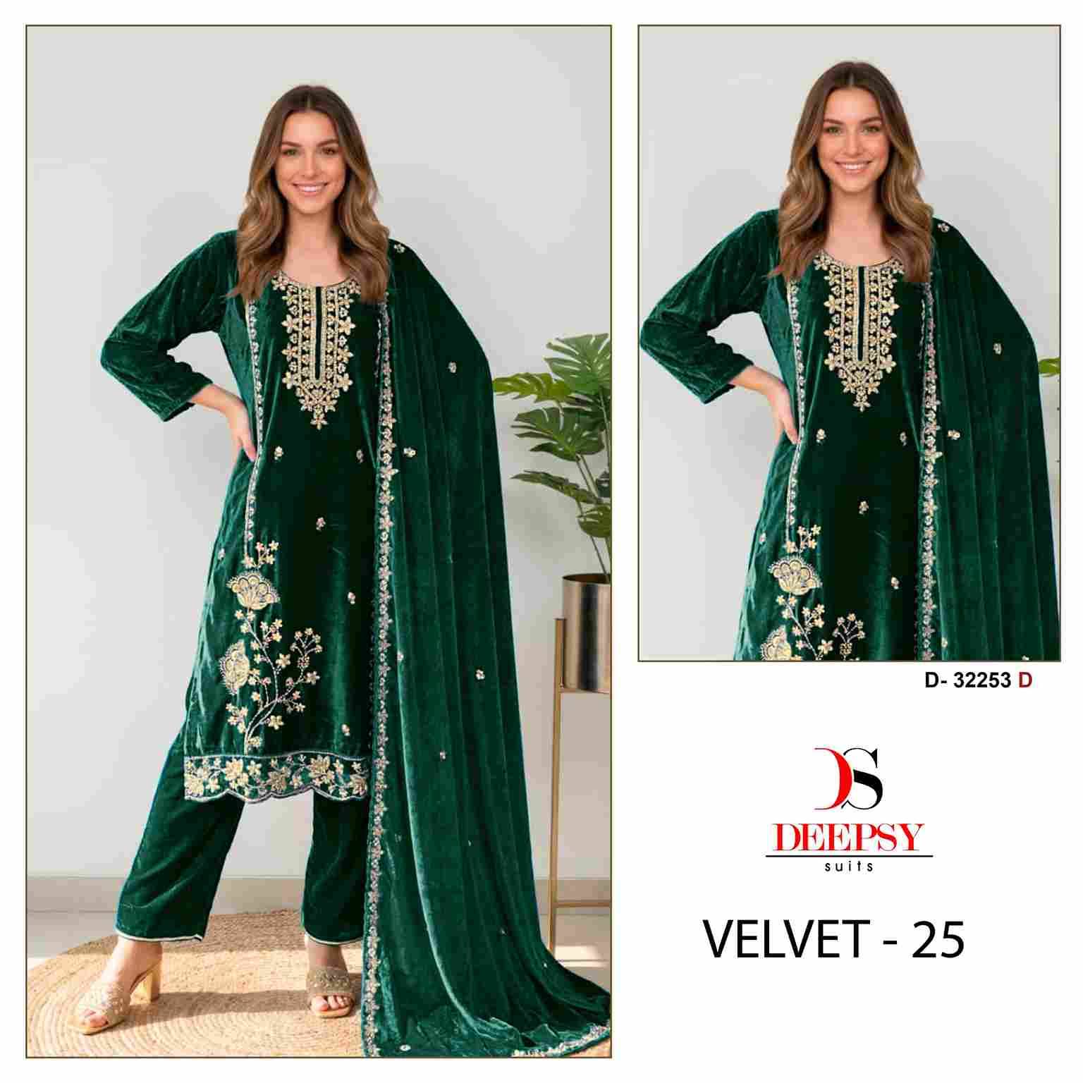 Velvet 32253 Colours By Deepsy Suits 32253-A To 32253-D Series Beautiful Stylish Pakistani Suits Fancy Colorful Casual Wear & Ethnic Wear & Ready To Wear Heavy Velvet Embroidery Dresses At Wholesale Price