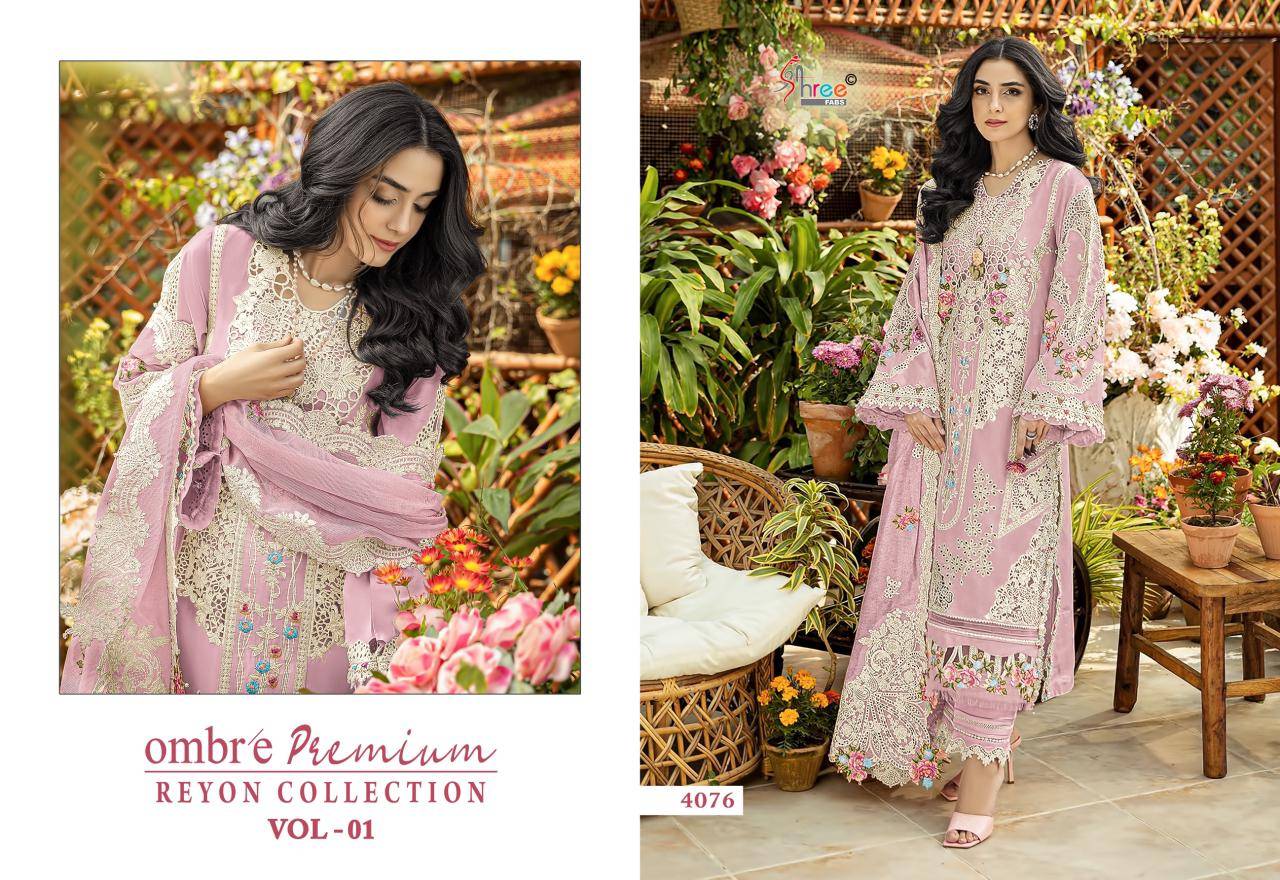 Ombre Premium Rayon Collection Vol-1 By Shree Fabs 4076 To 4080 Series Beautiful Pakistani Suits Colorful Stylish Fancy Casual Wear & Ethnic Wear Pure Cotton With Embroidered Dresses At Wholesale Price