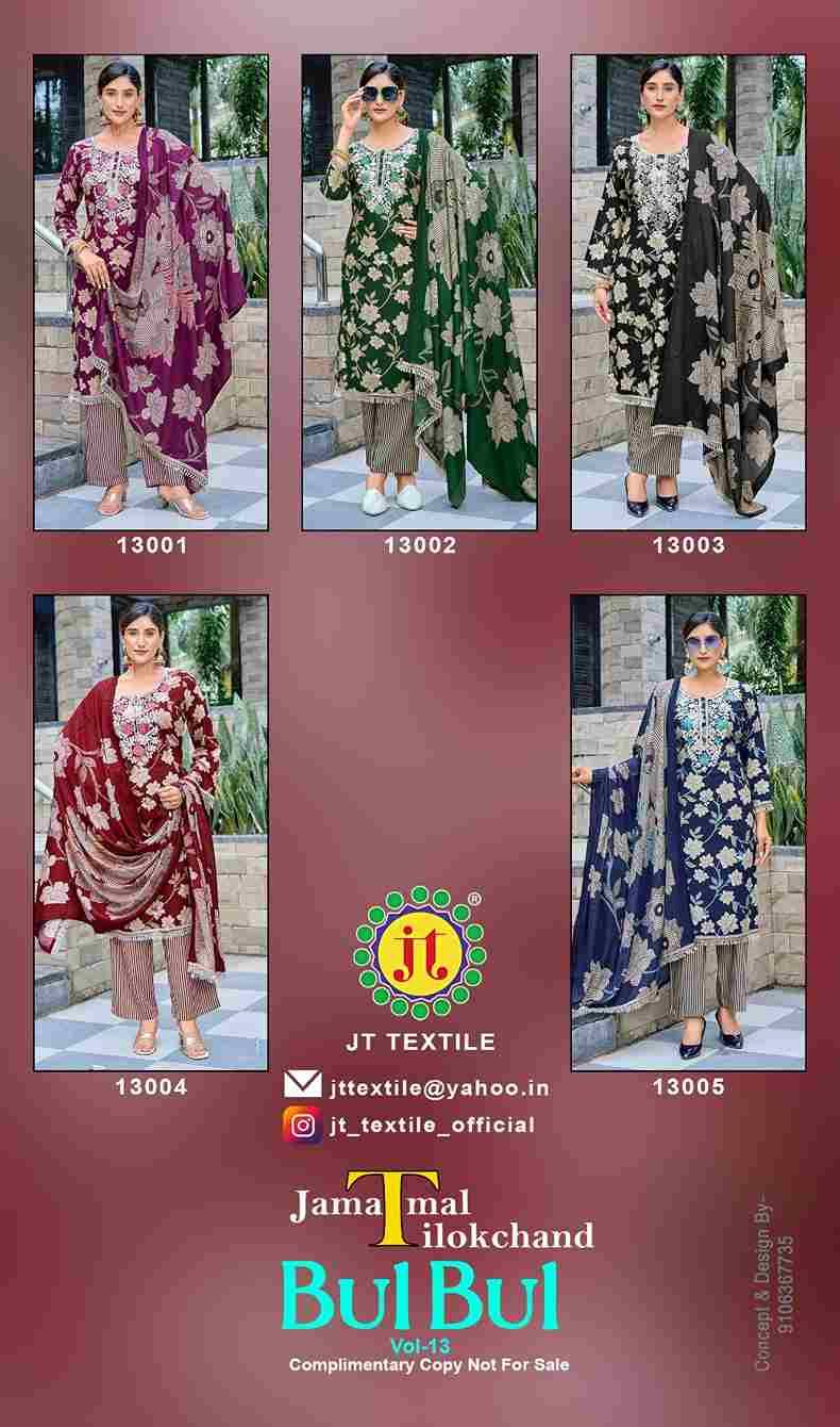 Bulbul Vol-13 By JT 13001 To 13005 Series Beautiful Festive Suits Colorful Stylish Fancy Casual Wear & Ethnic Wear Rayon Dresses At Wholesale Price