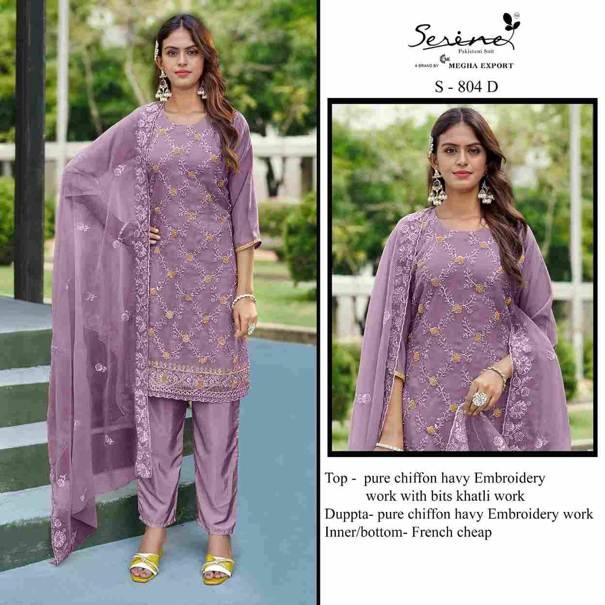 Serene Hit Design S-804 Colours By Serene S-804-A To S-804-D Series Pakistani Suits Beautiful Fancy Colorful Stylish Party Wear & Occasional Wear Chiffon Embroidery Dresses At Wholesale Price