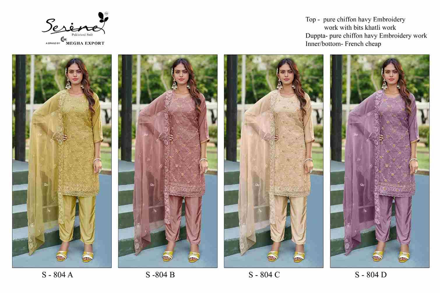 Serene Hit Design S-804 Colours By Serene S-804-A To S-804-D Series Pakistani Suits Beautiful Fancy Colorful Stylish Party Wear & Occasional Wear Chiffon Embroidery Dresses At Wholesale Price