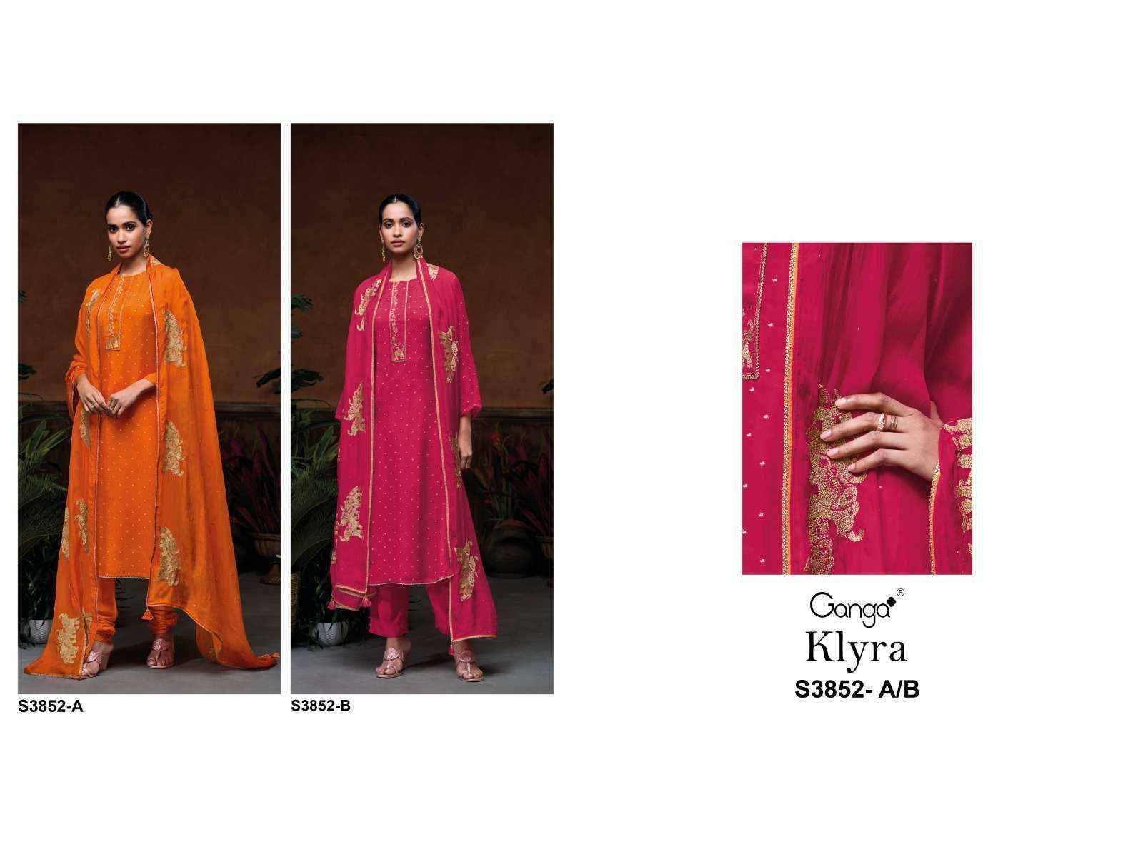 Klyra-3852 By Ganga Fashion 3852-A To 3852-B Series Beautiful Festive Suits Stylish Colorful Fancy Casual Wear & Ethnic Wear Premium Organza Silk Print Dresses At Wholesale Price