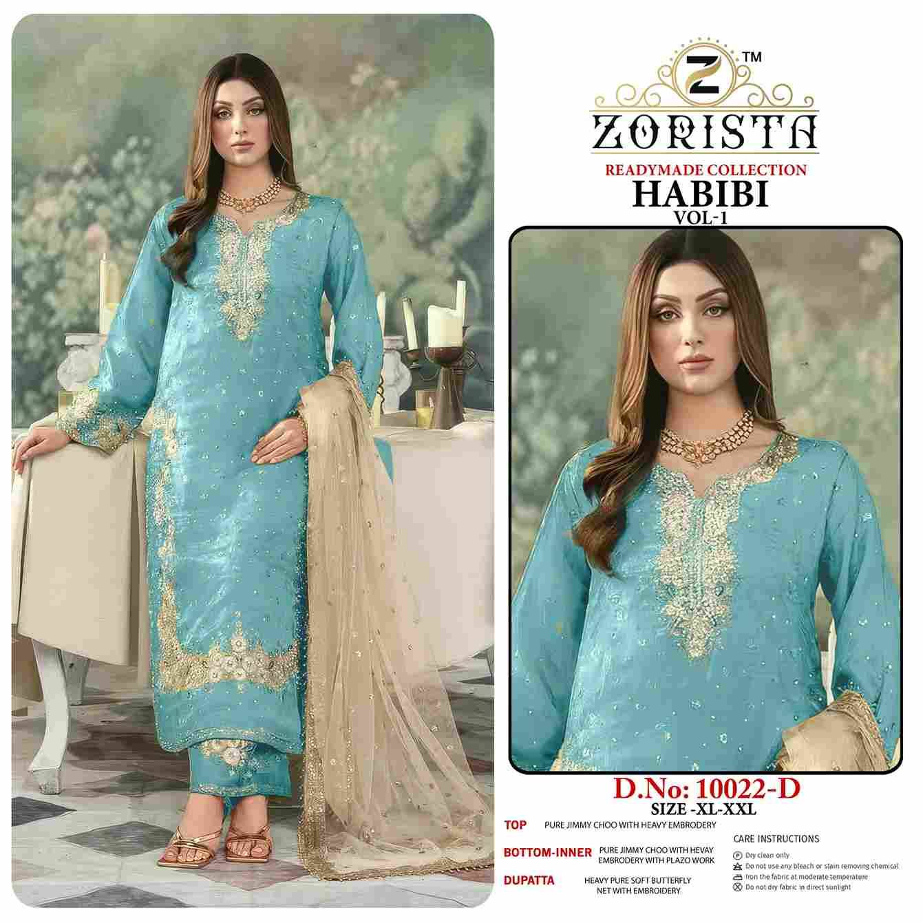 Habibi Vol-1 By Zorista 10022-A To 10022-E Series Designer Pakistani Suits Beautiful Fancy Stylish Colorful Party Wear & Occasional Wear Jimmy Choo With Embroidery Dresses At Wholesale Price