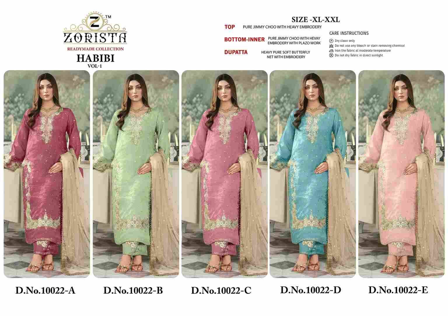 Habibi Vol-1 By Zorista 10022-A To 10022-E Series Designer Pakistani Suits Beautiful Fancy Stylish Colorful Party Wear & Occasional Wear Jimmy Choo With Embroidery Dresses At Wholesale Price