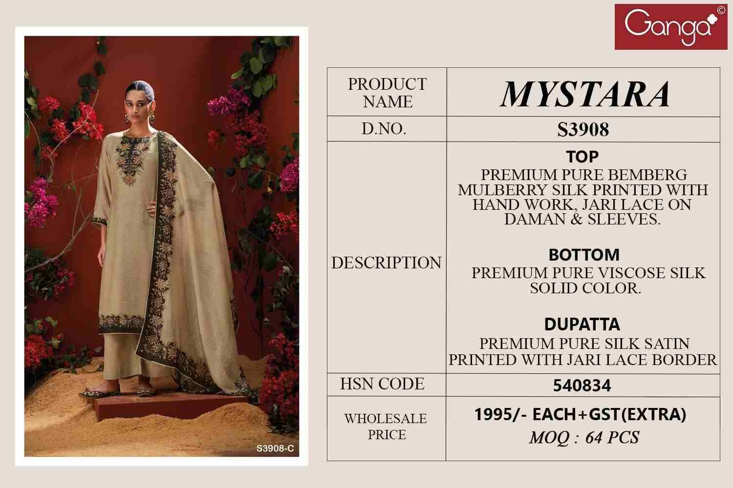 Mystara-3908 By Ganga Fashion 3908-A To 3908-C Series Beautiful Festive Suits Stylish Colorful Fancy Casual Wear & Ethnic Wear Premium Bemberg Silk Print Dresses At Wholesale Price
